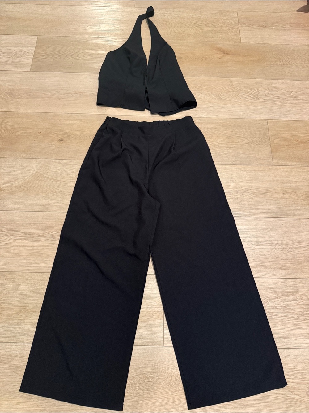 Women’s Black Halter Top & Wide-Leg Pants Set